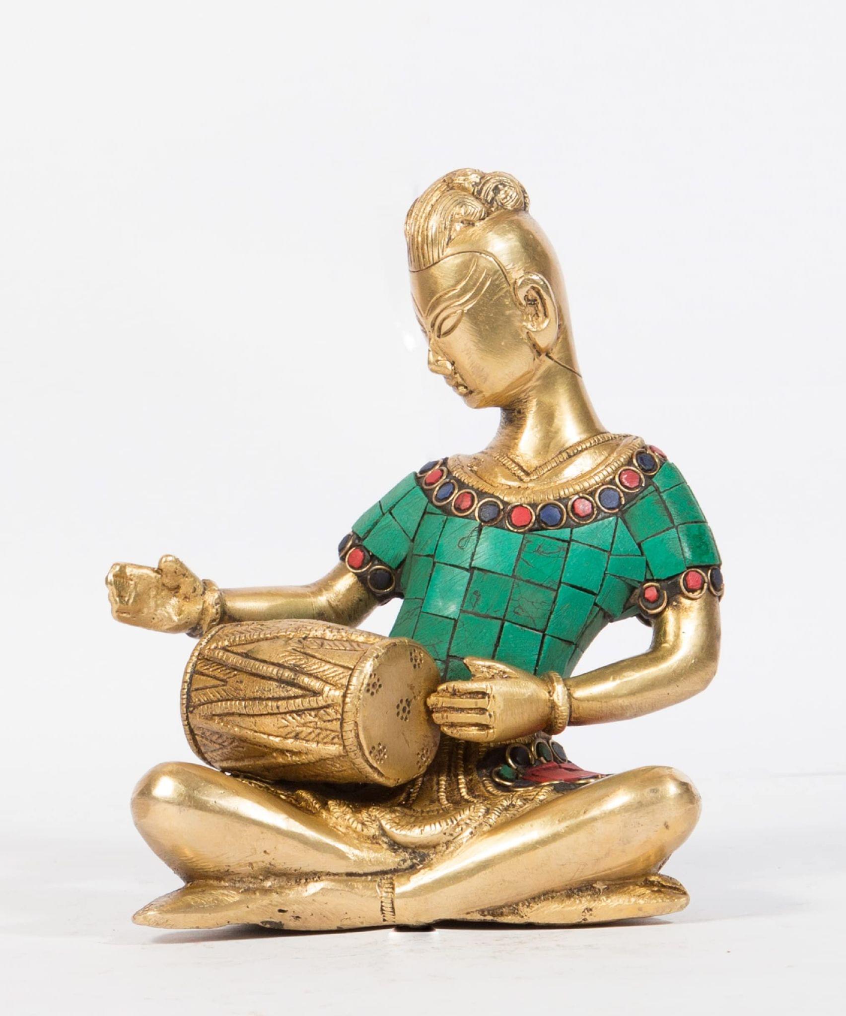 Arihant Craft� Musician Lady Sitting with Dholak Idol Musical Instruments Statue Sculpture Turquoise Gem Stone Hand Craft Showpiece � 15.5 cm (Brass, Multicolour)