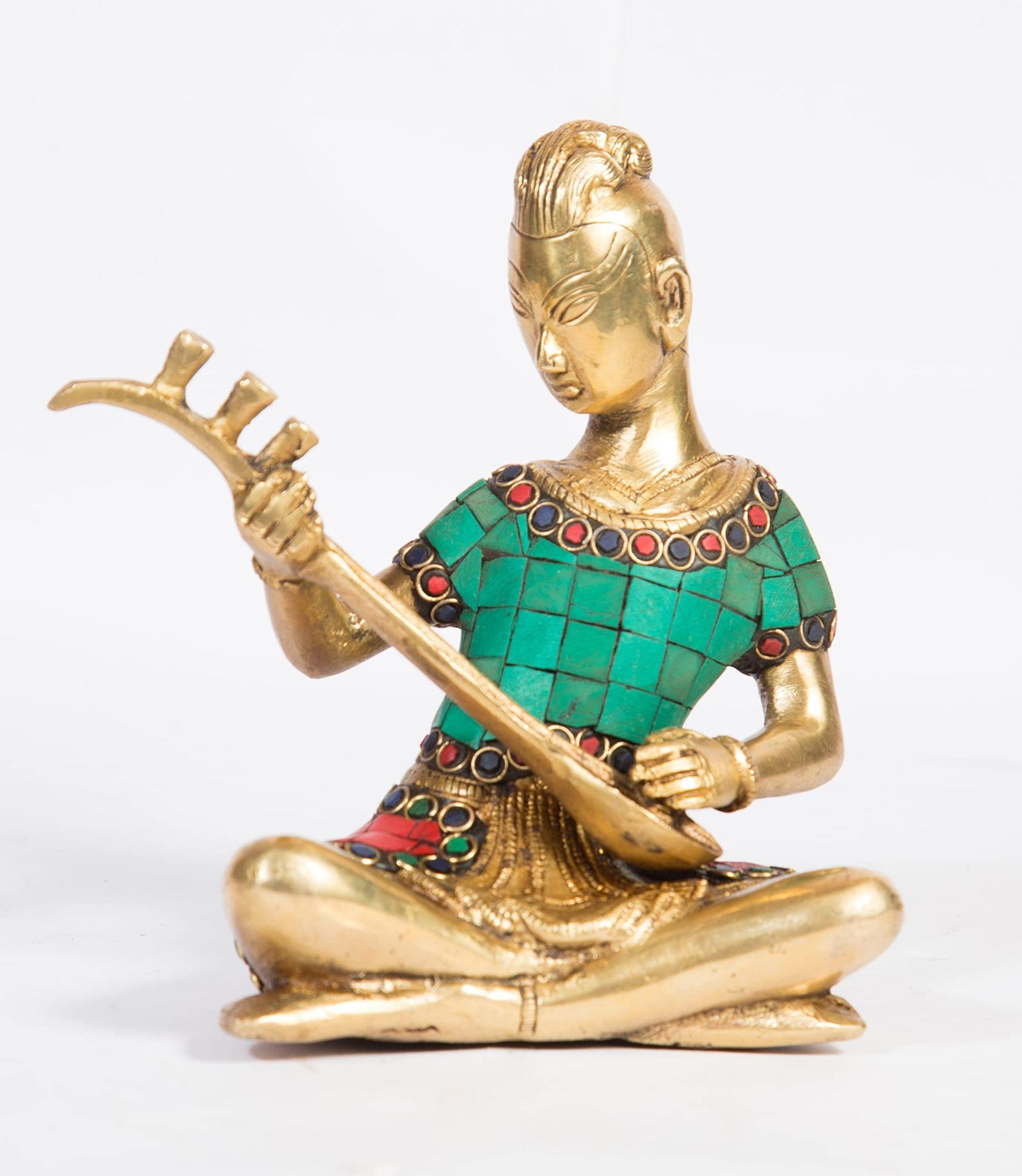 Arihant Craft� Musician Lady Sitting with Vina Idol Musical Instuments Statue Sculpture Turquoise Gem Stone Hand Craft Showpiece � 15.5 cm (Brass, Multicolour)