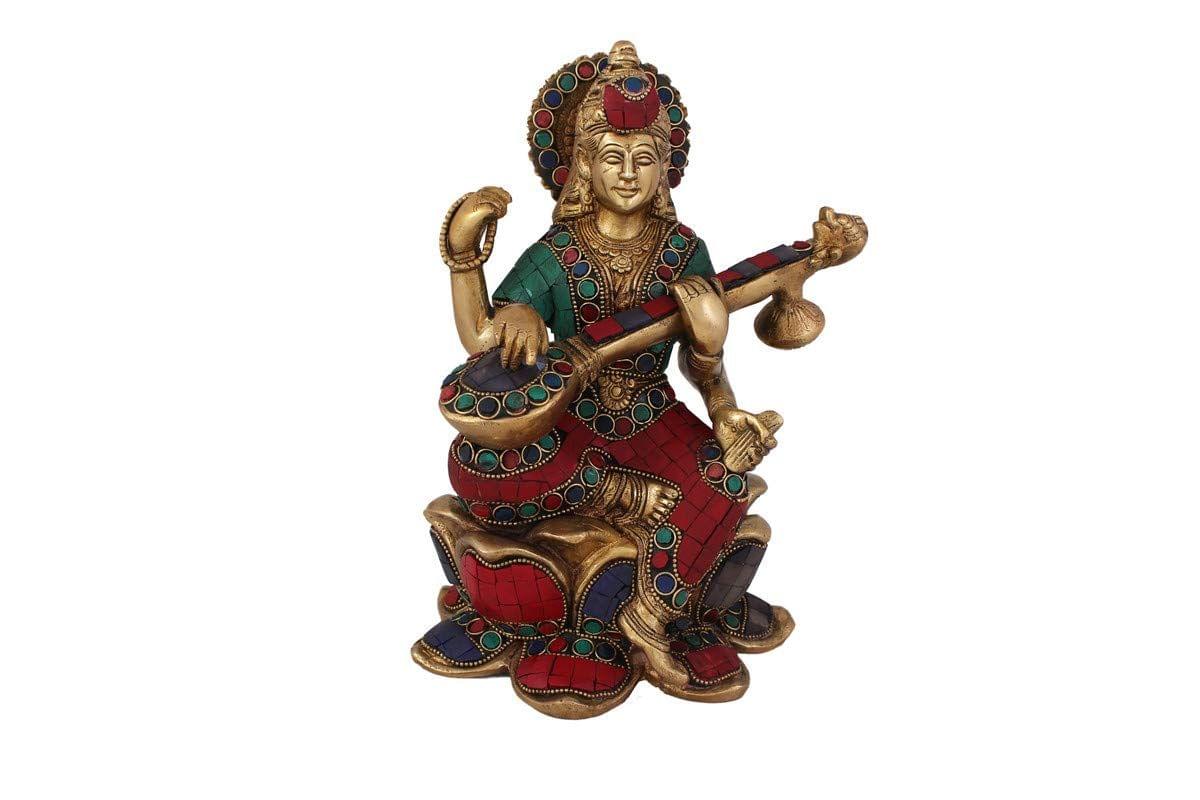 Arihant Craft� Hindu Goddess Saraswati Idol Maa Sharda Statue Turquoise Gem Stone Work Hand Work Showpiece � 24.5 cm (Brass, Multicolour)