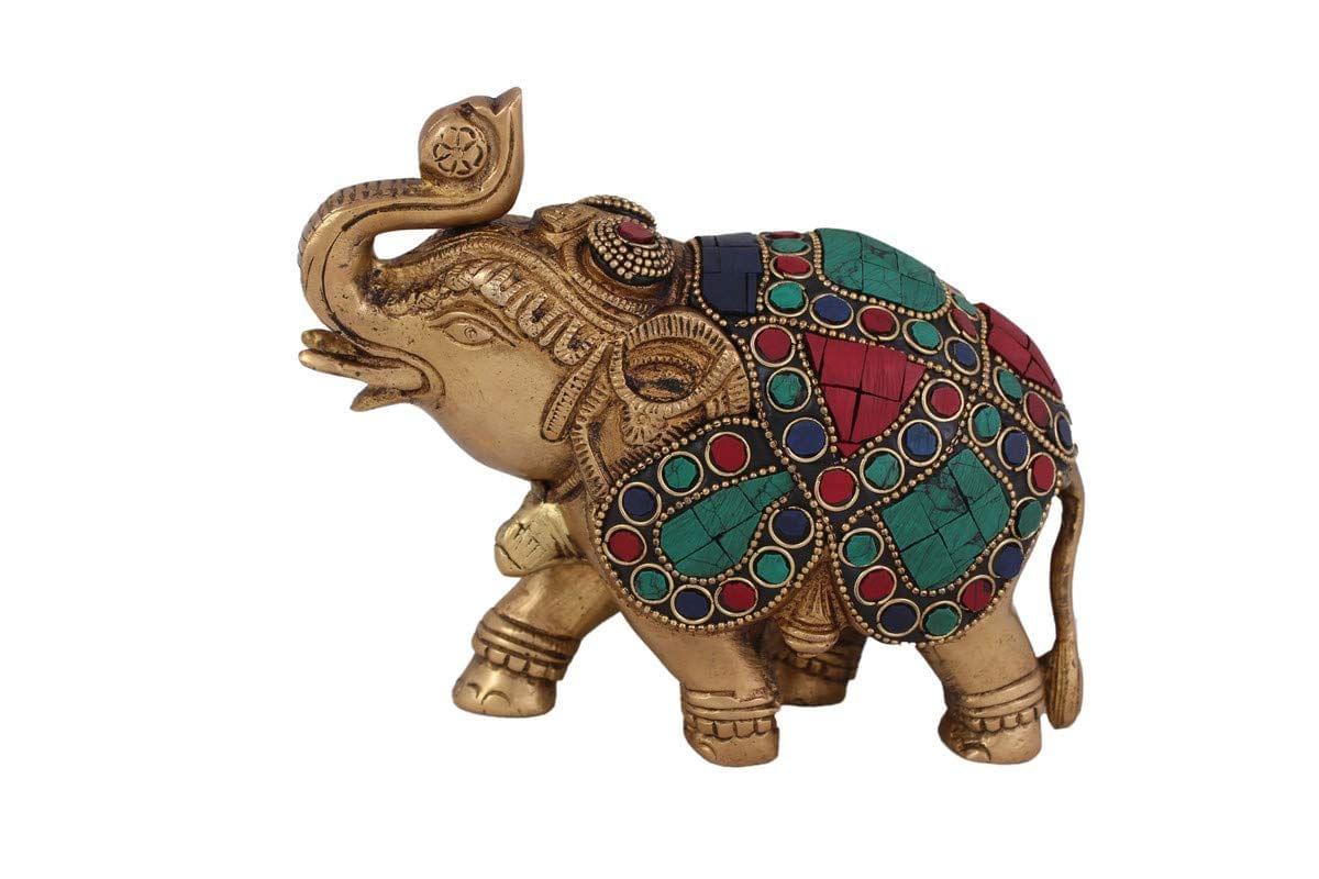 Arihant Craft� Ethnic Decor Elephant Standing Trunk Up Holding Ball Statue Sculpture Showpiece Turquoise Gem Stone Work � 13.5 cm (Brass, Multicolour)