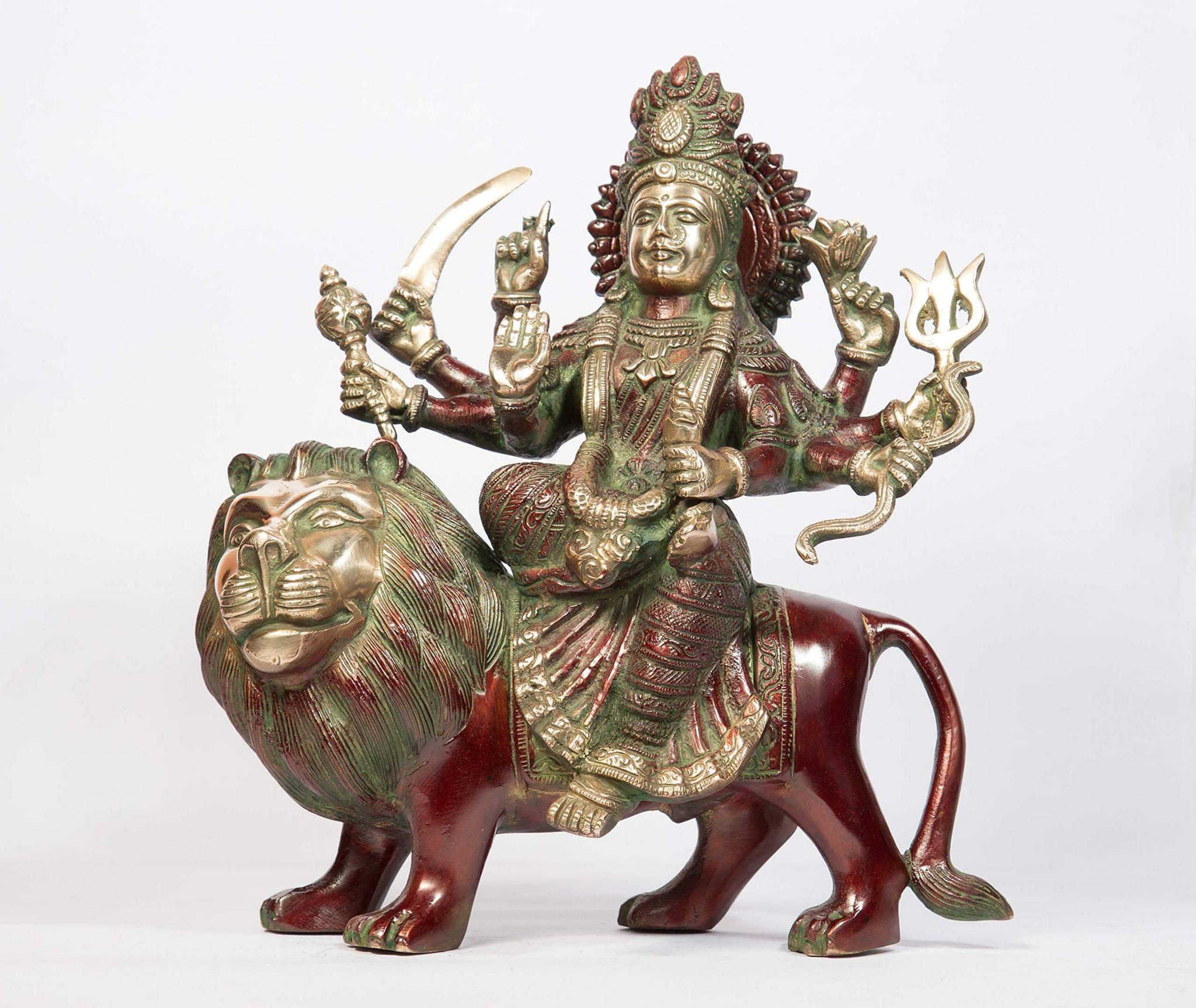 Arihant Craft� Hindu Goddess Durga Idol Maa Sherawali Statue Maa Kali Sculpture Hand Work Showpiece � 28 cm (Brass, Red, Green)