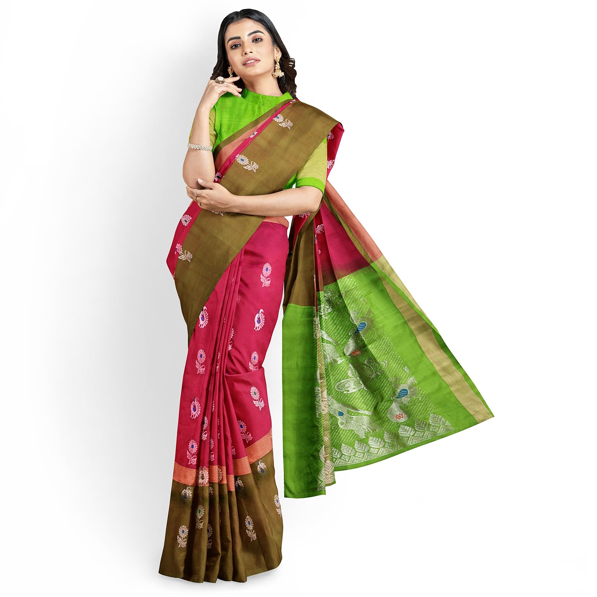 Red Color Peacock & Floral Design Kanjivaram Pure Silk Saree