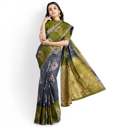 Grey Color Long Border Big Peacock Butta Kanjivaram Pure Silk Saree