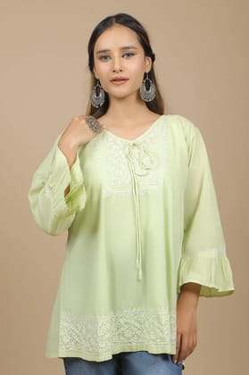 TEA GREEN PURE COTTON WITH WHITE CHIKANKARI EMBROIDERY