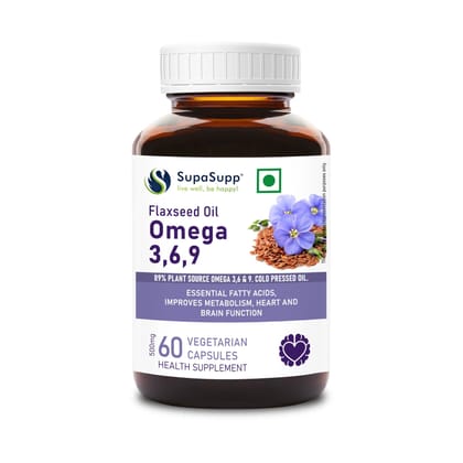 Sri Sri Tattva SupaSupp Flaxseed Oil Omega 3,6,9 | Essential Fatty Acids, Improves Metabolism, Heart And Brain Function | Health Supplement | 60 Veg Cap, 500mg