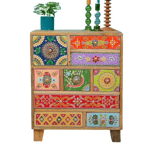 Shree Krishna Art Cabinet Chest (9 Drawer)/Wood Bedside table/ Bedroom furniture/ hand painted 9 chest of drawer