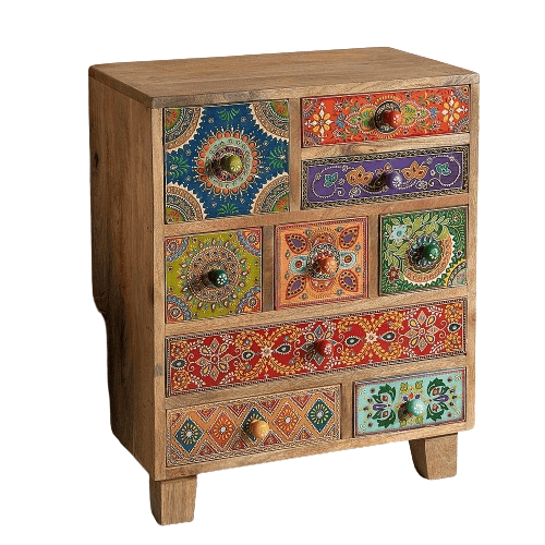 Shree Krishna Art Cabinet Chest (9 Drawer)/Wood Bedside table/ Bedroom furniture/ hand painted 9 chest of drawer