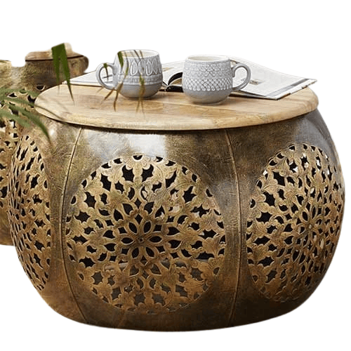 Shree Krishna Art Center Table | Designer Coffee Table for Living Room ,Wood Coffee table wooden Metal Cocktail Table Unique table Hand made Round Beautifully Home Decor Table