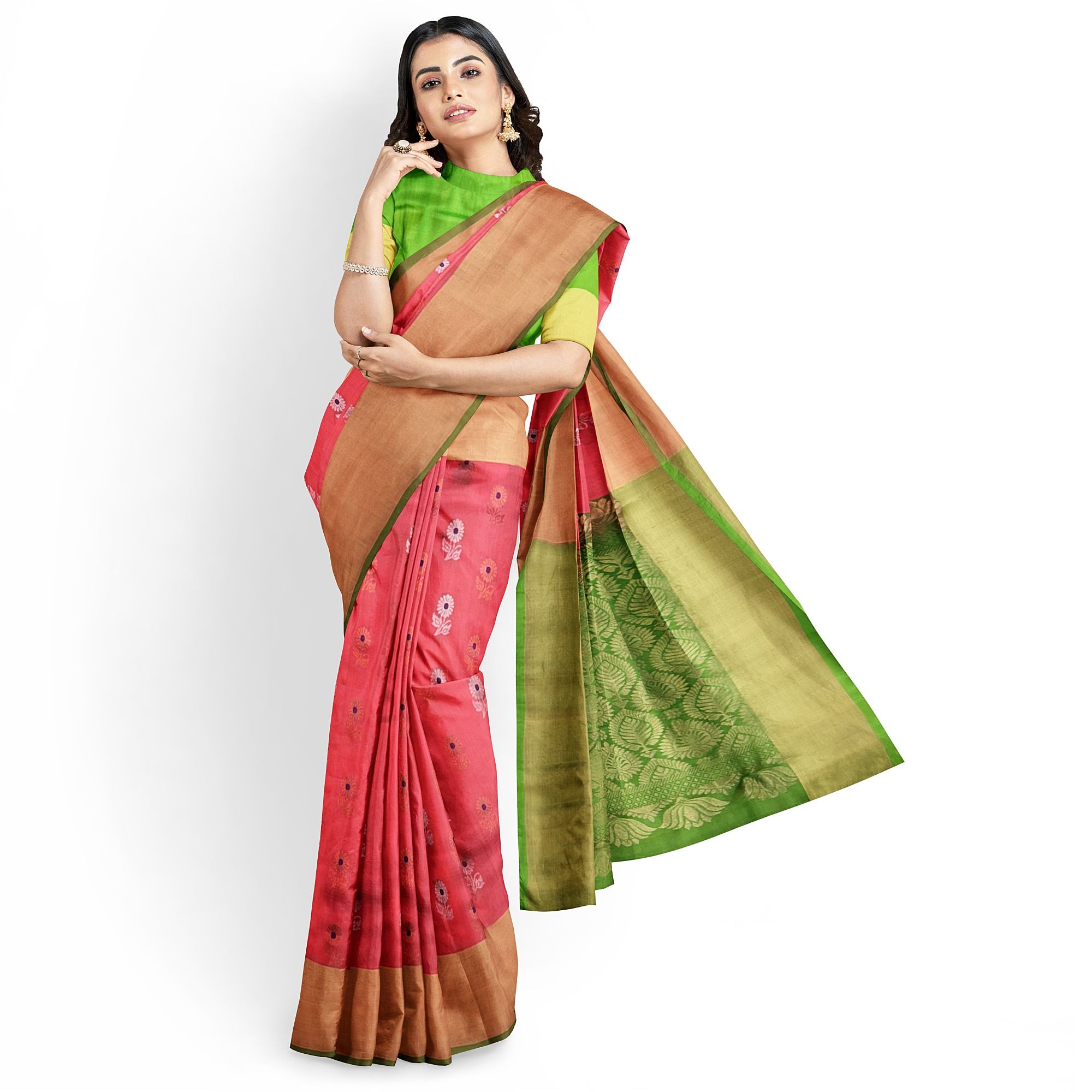 Light Coral Beautiful Double Color Floral Butta Kanjivaram Pure Silk Saree