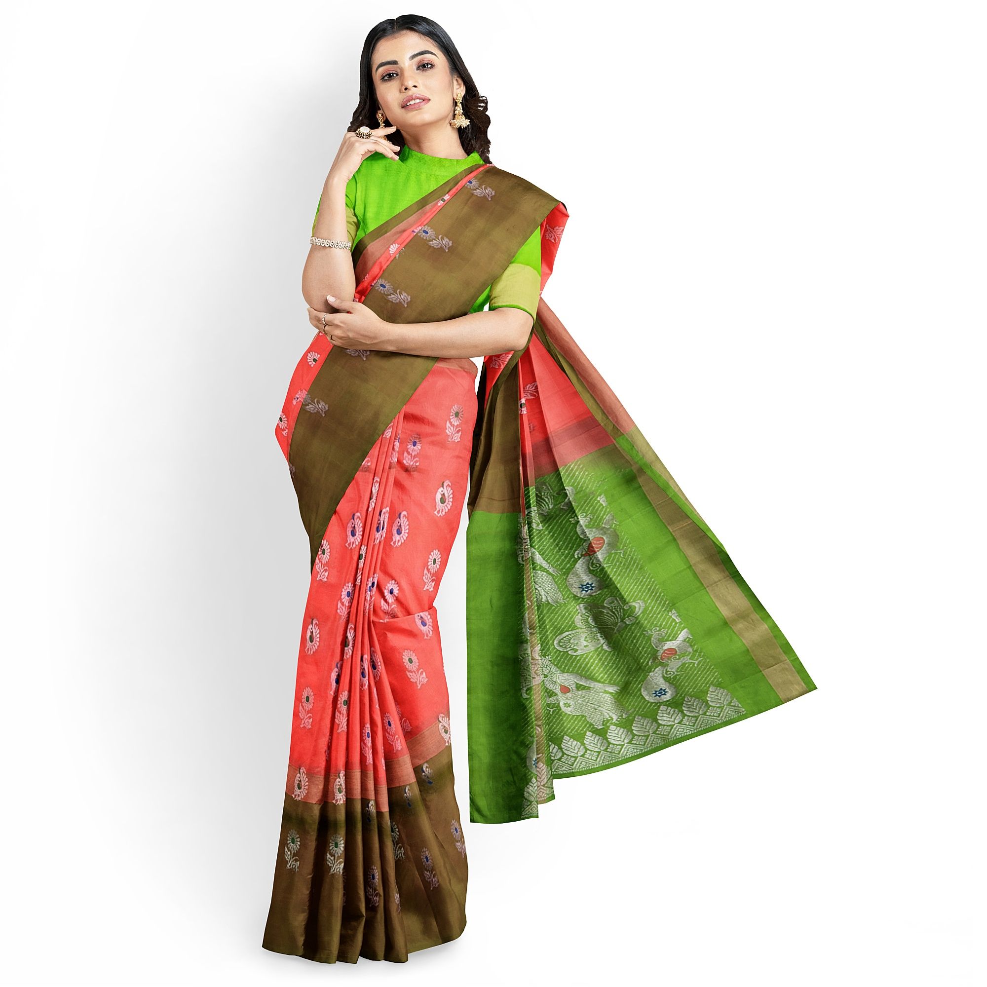 Salmon Color Long Border Mango & Floral Butta Kanjivaram Pure Silk Saree