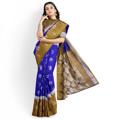 Blue Color Long Border Fancy Butta Kanjivaram Pure Silk Saree