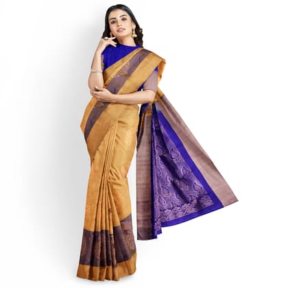 Cream Color Long Border Kanjivaram Pure Silk Saree has Contrast Pallu & Blouse