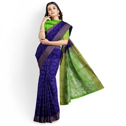 Dark Blue Kanjivaram Pure Silk Saree has Contrast Pallu & Blouse