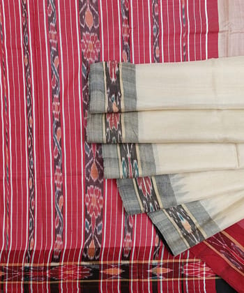 Beige Maroon Sambalpuri Handwoven Ikat Border Tussar Silk Saree