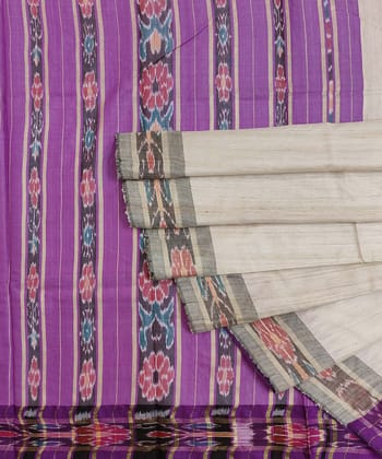 Beige Purple Sambalpuri Handwoven Ikat Border Tussar Silk Saree