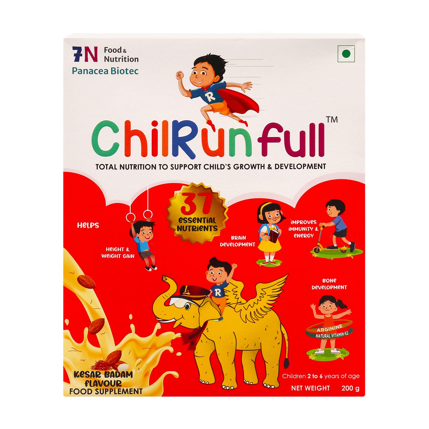 ChilRun Full 2+, Health and Nutrition Drink, Kesar Badam 200g, Box. Total Nutrition For Children’s Growth, Supports Weight & Height Gain, Immune Function & Brain Development.