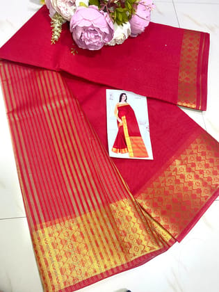 Cotton Saree Gold Border Red Color