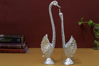 IPC Decor Metal Silver Spreading Wings Swan or Duck Pair Love Couple Decorative Gift Items for Home Decoration Showpiece, 35 CM
