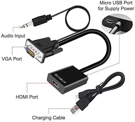 VGA to HDMI with Audio Adapter for Connecting Traditional VGA Interface Laptop, PC to HDMI Monitor or Projector,1080P VGA Male to HDMI Female Converter with 3.5mm Audio Lead and Power Supply Port