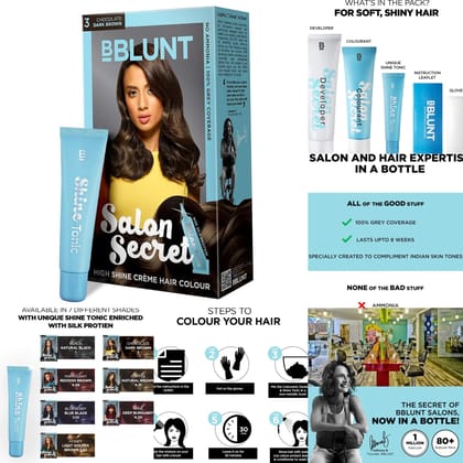 BBlunt Salon Secret High Shine Creme Hair Colour Chocolate Dark Brown 3, No Ammonia (100gm+8ml)