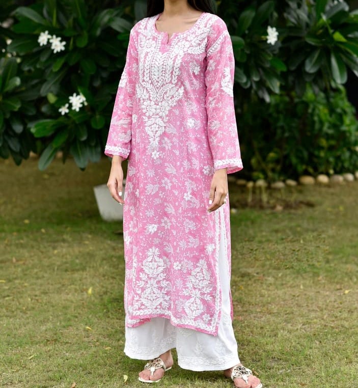 Pure Mulmul Cotton Chikankari Pink kurti