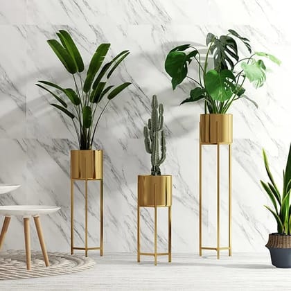 AZMA EXPORTS Metal Iron Planter Stand with Flower Pot & Goden Finish Set of 3 with Stand Tall for Office Home Decoration Living Room