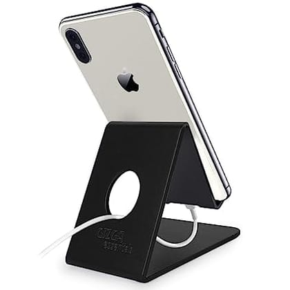 GIZGA essentials Portable Mobile Stand Holder, Precise Cutout to Enable Charging During use, Sturdy Metal, Mobile Charging Support Stand for All Smartphones and Tablets, Anti-Slip Rubber Pads, Black