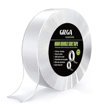 Gizga Essentials Nano Double Sided Tape, Multipurpose Super Sticky Gel Grip Mounting Tape, Washable, Reusable, No Residue, for Home & Office, 2mm thick, 1.2 Inch Wide, Transparent | 5 Meter