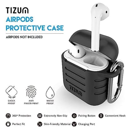Tizum Apple AirPods Case Silicone-Shockproof Case Cover with Carabiner Hook for AirPod 2 | Black