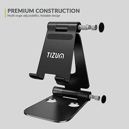 tizum Fully Foldable Tablet Stand Holder with Adjustable Angles & Scratch-Proof, Anti-Slip Rubber Pads, Anodized Aluminium Desktop Stand for All iPhones, Kindle, iPads, Tablets & Smartphones (Black)
