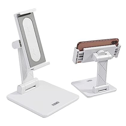 tizum Foldable Portable Mobile Holder with 360 Angle & Height Adjustable Tablet/Mobile Stand with Anti-Slip Silicone Pads & Solid Heavy Base Stability, Devices Upto 12.9-Inches, White Tabletop