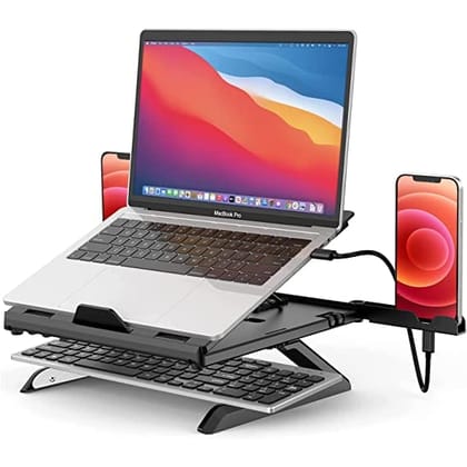 Tizum Multi-Angle Foldable Portable Laptop Tabletop Stand With Dual Mobile Holder, Air Vents For Cooling & Anti-Slip Silicone Pads, For All Laptops/Tablets/Ipad/Macbook/Notebook Upto 15.6 Inches,Black