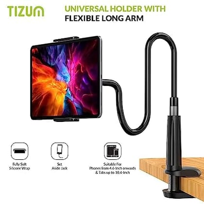 Tizum Mobile & Tablet Holder with 360 Rotation, Mobile Stand with Anti-Slip Silicone Pads & Fully Flexible Gooseneck Arm & for Bed, Table, Bathroom for All Tablet/Smartphones 4 to 10.4 Inches, Black