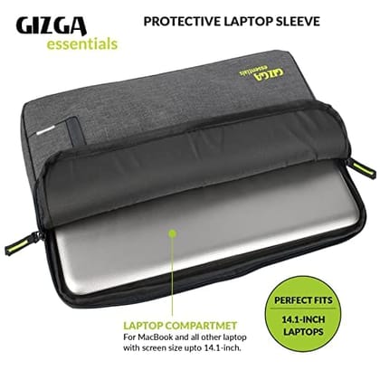Gizga Essentials Laptop Bag Sleeve Case Cover Pouch for 14.1 Inch Laptop/MacBook, Office/College Laptop Bag for Men & Women, Side Handle, Multiple Pockets, Water Repellent, Shock Absorber, Grey