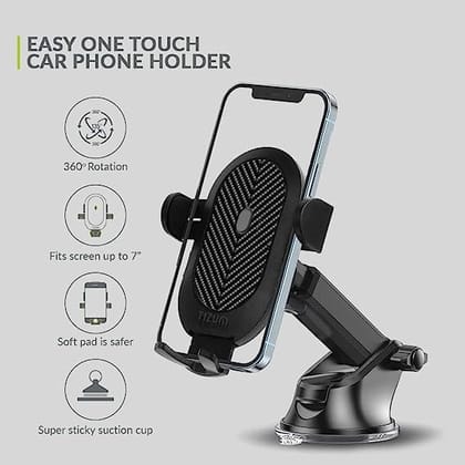 Tizum Universal Car Mobile Holder Stand| Strong Suction Cup, Double Shift Locking for Dashboard Windshield| Quick Release, Long Telescopic Arm, 360° Rotatable Head| All Mobile Phone, Black