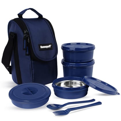 Home Puff Set of 4 Stainless Steel Insulated Lunch Boxes for Office Men & Women, Airtight & Leak Proof Tiffin Box for School, Free Lunch Bag, Easy Clean, 1500ml, Blue, Made in India with Warranty
