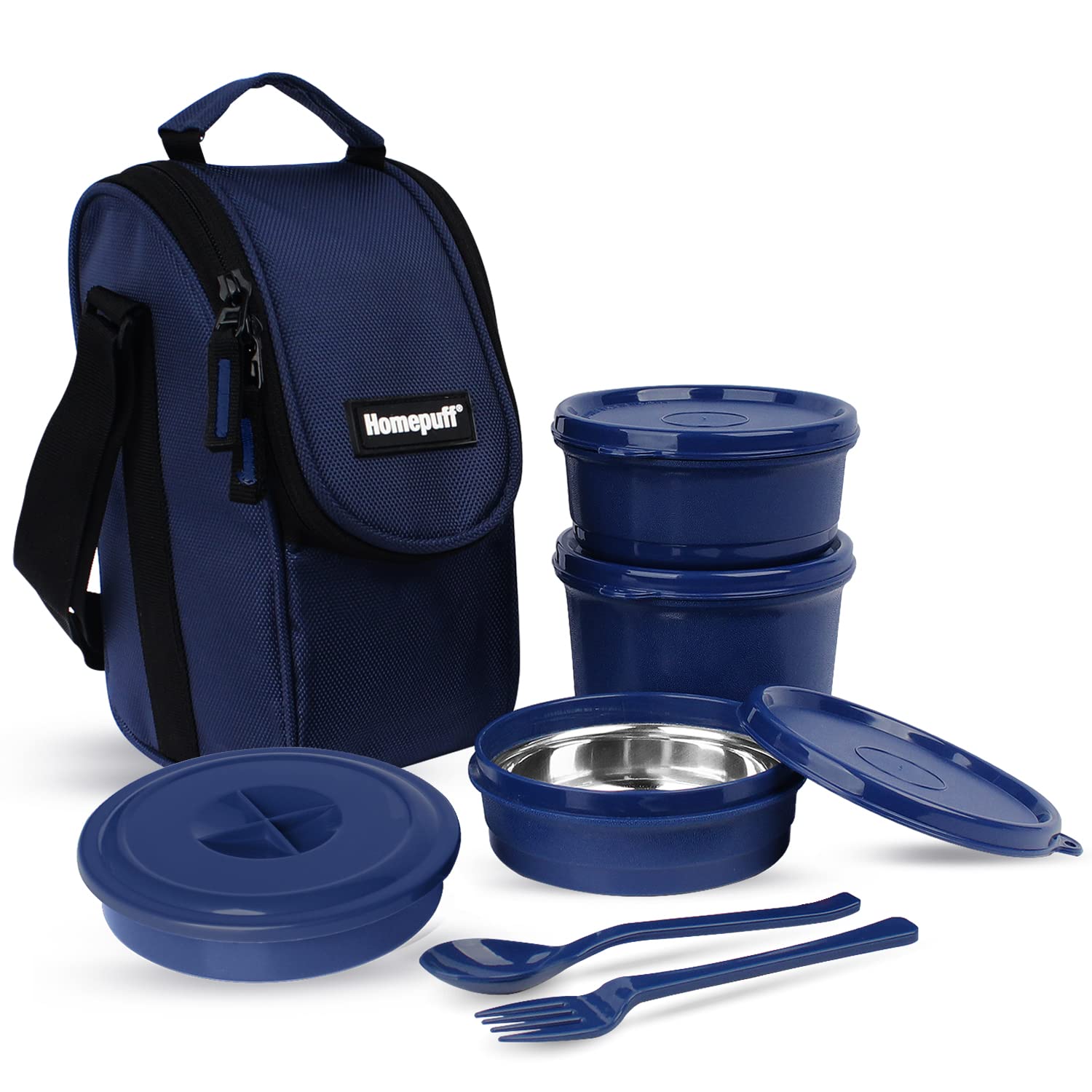 Home Puff Set of 4 Stainless Steel Insulated Lunch Boxes for Office Men & Women, Airtight & Leak Proof Tiffin Box for School, Free Lunch Bag, Easy Clean, 1500ml, Blue, Made in India with Warranty