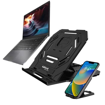 GIZGA ESSENTIALS 2-in-1 Laptop Stand and Mobile Stand, Ergonomic Design, 360° Rotating Base, 10-Adjustable-Angles, Heat Dissipation, Non-Slip Base, Portable for All Laptops/Notebook/MacBook, Black