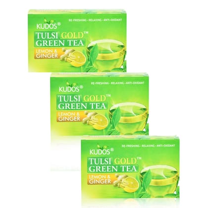 Kudos Tulsi Lemon & Ginger Green Tea | Weight Management | 2g X 25 Tea Bag | Pack of 3