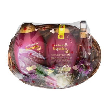 Diwali KarvaChauth All Season Gift Set For Her - 3pc Ogx Keratin Oil Shampoo, Ogx Keratin Oil Conditioner, Ogx B5 Weightless Mist, Decorated Gift Basket