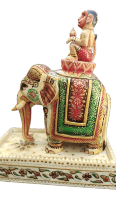 Jakir Hussain Handmade Bone Elephant Showpiece Miniature Painting with Hamuman Ji For Your Home, Offices , Living Room Gift for Elephant Lovers, Birthday, Housewarming set of 1