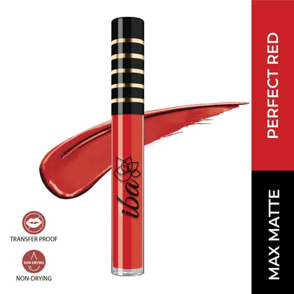 Iba Maxx Matte Liquid Lipstick Shade - Perfect Red, 2.6ml | Transfer proof | Velvet Matte Finish | Highly Pigmented and Long Lasting | Full Coverage | Non-Drying| 100% Vegan & Cruelty Free