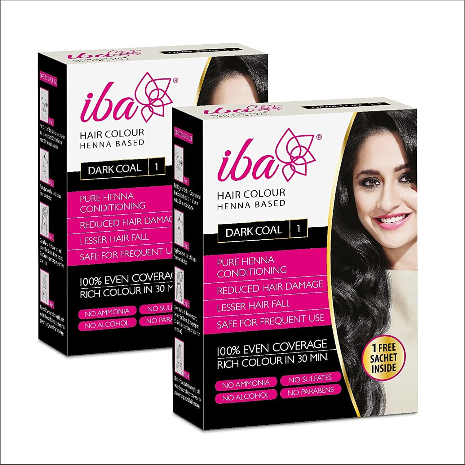 Iba Hair Colour - Dark Coal, 70g | 100% Pure Henna Based Powder Sachet | Naturally Coloured Hair & Long Lasting | Conditioning | Reduced Hair fall & Hair Damage | Shine & Nourish Hair | Paraben, Chemical, Ammonia & Sulphate Free Formula (Pack of 2)