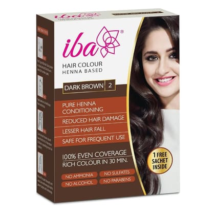 Iba Hair Colour - Dark Brown, 70g | 100% Pure Henna Based Powder Sachet | Naturally Coloured Hair & Long Lasting | Conditioning | Reduced Hair fall & Hair Damage | Shine & Nourish Hair | Paraben, Chemical, Ammonia & Sulphate Free Formula