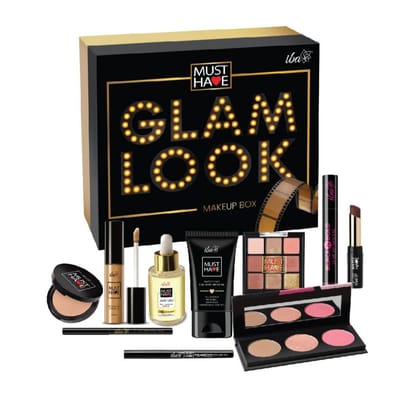 Iba Must Have Glam Look Makeup Box – For Women | Pre Makeup Serum | Waterproof Foundation | Matte Compact | Concealer | Transfer Proof Lipstick | 3 in 1 Face Palette with Blush, Highlighter, Contour | 9 in 1 Eyeshadow Palette