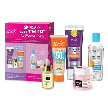 Iba Skincare Essentials Kit for Makeup Lovers l Pre Makeup & Post Makeup Essentials l Vitamin C Face Wash | Pre Makeup Serum Primer | Sunscreen l Makeup Remover | Overnight Sleeping Mask