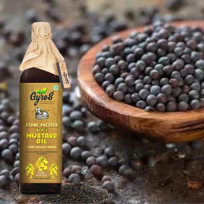 Stone Cold Pressed Black Mustard Oil | Wood & Stone Pressed Organic Sarso Oil | Sieve Filtered | Kachhi Ghani Mustard Oil | 1L | Gyros Farm | Glass Bottle