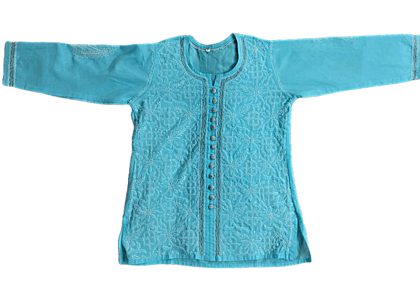Short Pure Cotton Blue Chikan Kurta