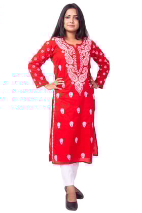 SNAPFAB Chikan Art Handicraft Red Chikankari Women Kurta