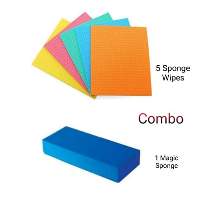 Qawvler 5 Sponge Wipes & 1 Magic Sponge Combo Cleaning, Car, Kitchen, Windows, Floor, Desk, Large Size Multicolor